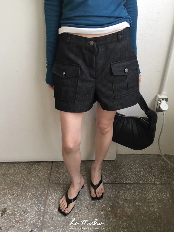 方口袋牛仔條紋短褲
